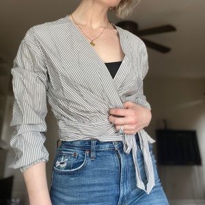 Mossimo Grey & White Striped Wrap Shirt